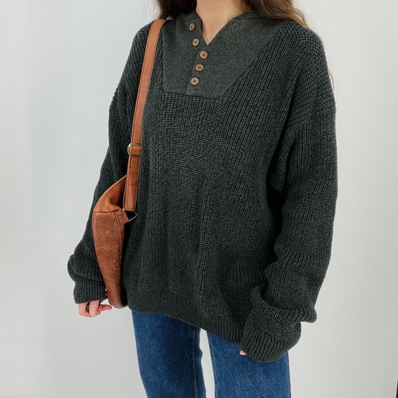 SOLD vtg oversized henley slouchy knit sweater in heathered forest green size L - Picture 2 of 7